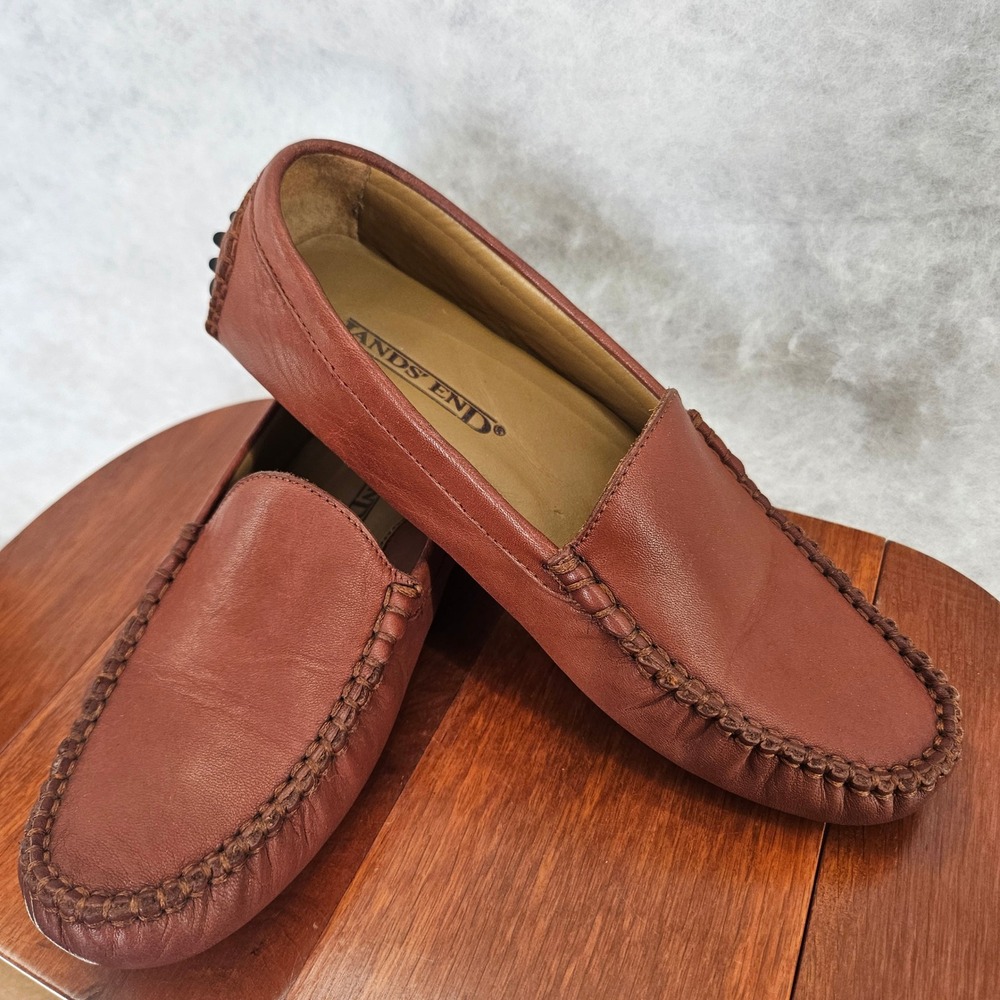 Lands End Leather Driving Loafers Moccasins Brown Slip On Shoes Mens Size 4 - Picture 2 of 9